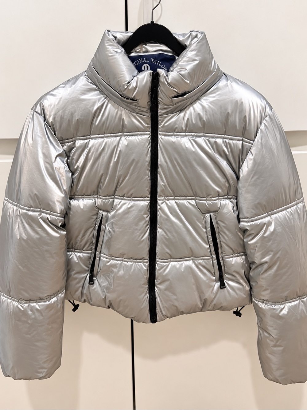 Zara Metallic Silver Cropped Puffer Jacket XS High Collar